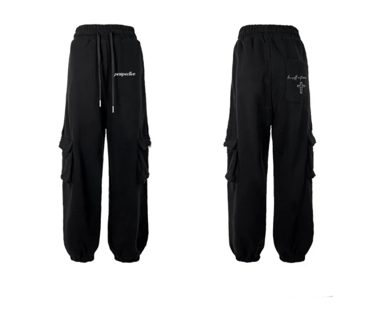 Perspective “he will return” Black Cargo Sweatpants
