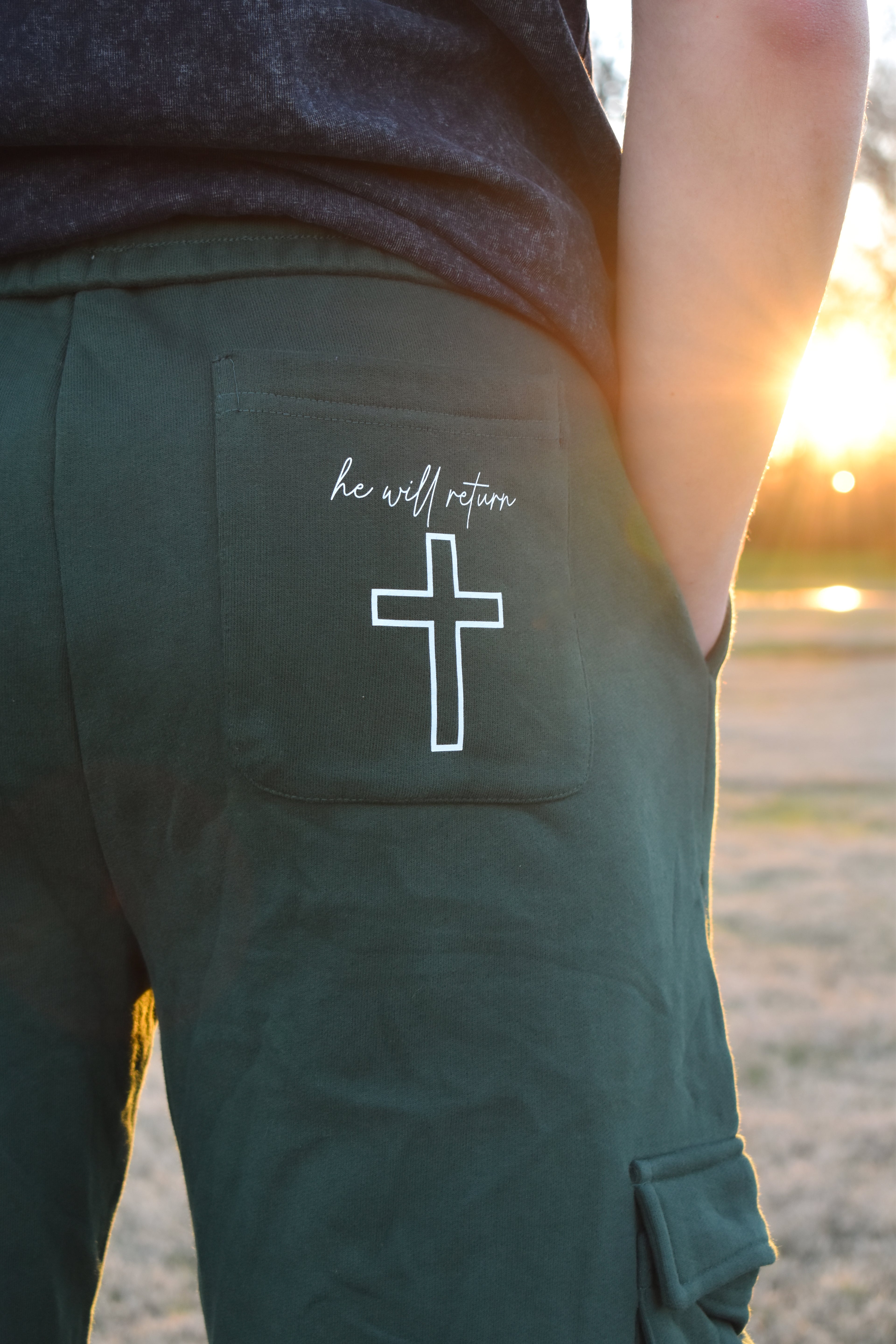 Perspective “he will return” Army Green Cargo Sweatpants