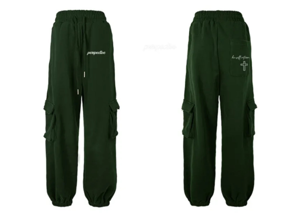 Perspective “he will return” Army Green Cargo Sweatpants