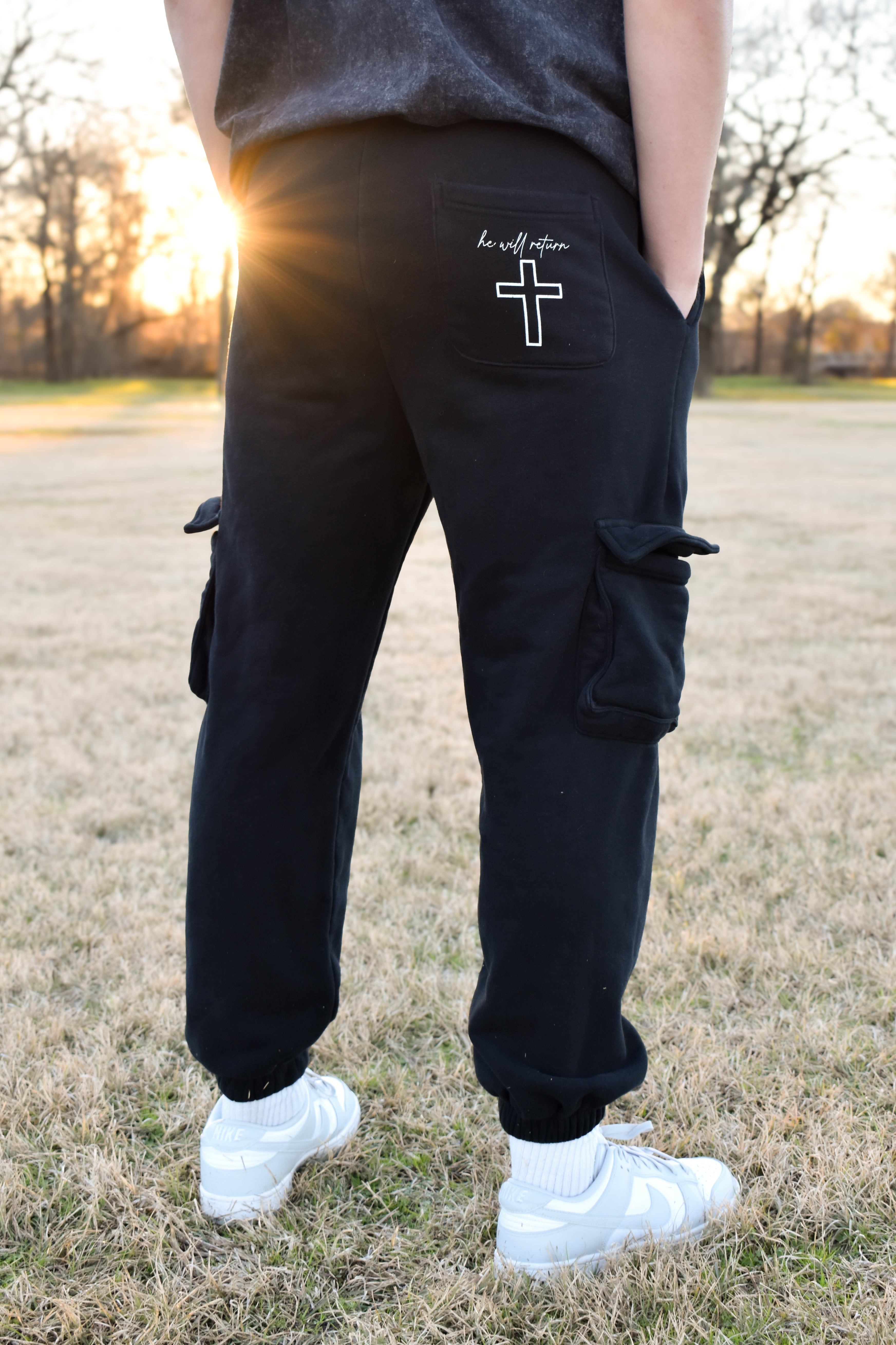 Perspective “he will return” Black Cargo Sweatpants